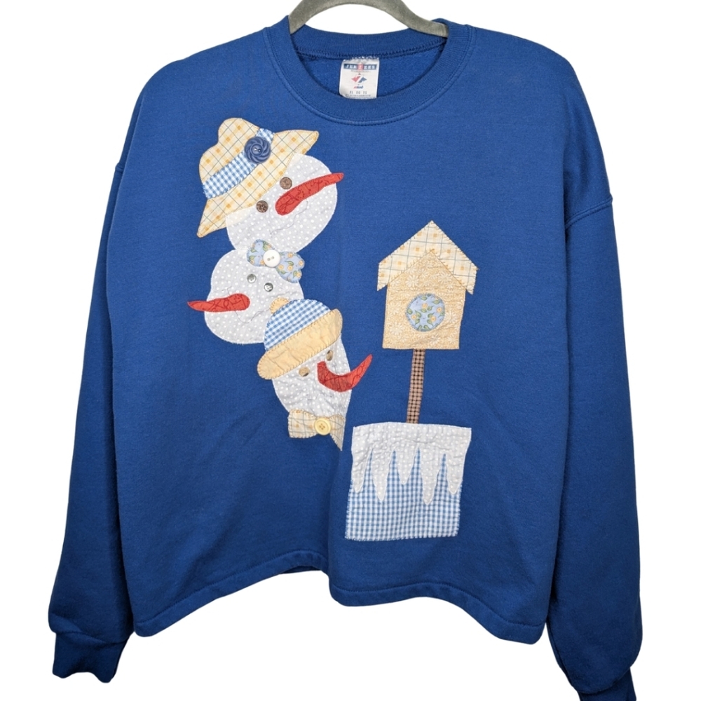Vintage Jerzees‎ Patchwork Snowman Sweatshirt Blue Winter Graphic Size XL